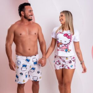 Kit Pijama Casal Estampa Hello Kitty Amável Moda Íntima