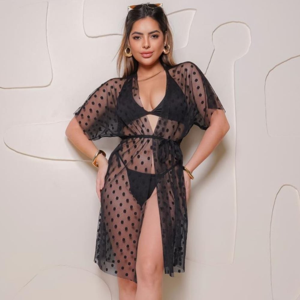 Saída De Praia Kimono Bolinha Curto Coleção Reveillon - Imagem 3