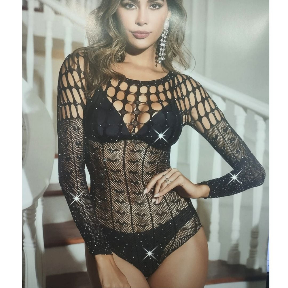 Body Arrastão Kendal Manga Longa Com Detalhes Vazados E Strass