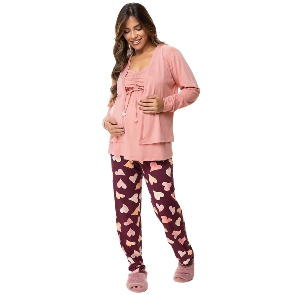 Pijama Gestante Estampado Com Robe Corpo Sensual - Imagem 2